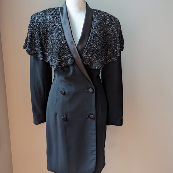 Vintage 80's Beaded Cape /Tuxedo Mini Dress - Picture 1 of 8